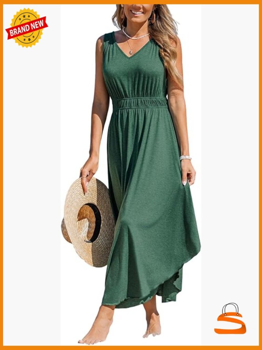 Women's Sleeveless V-Neck Maxi Dress Flowy Elastic Waist Summer Casual Long